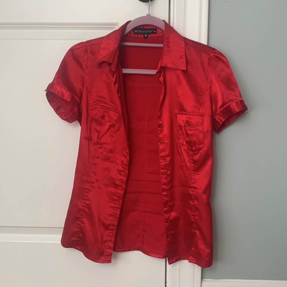 French silky red button up